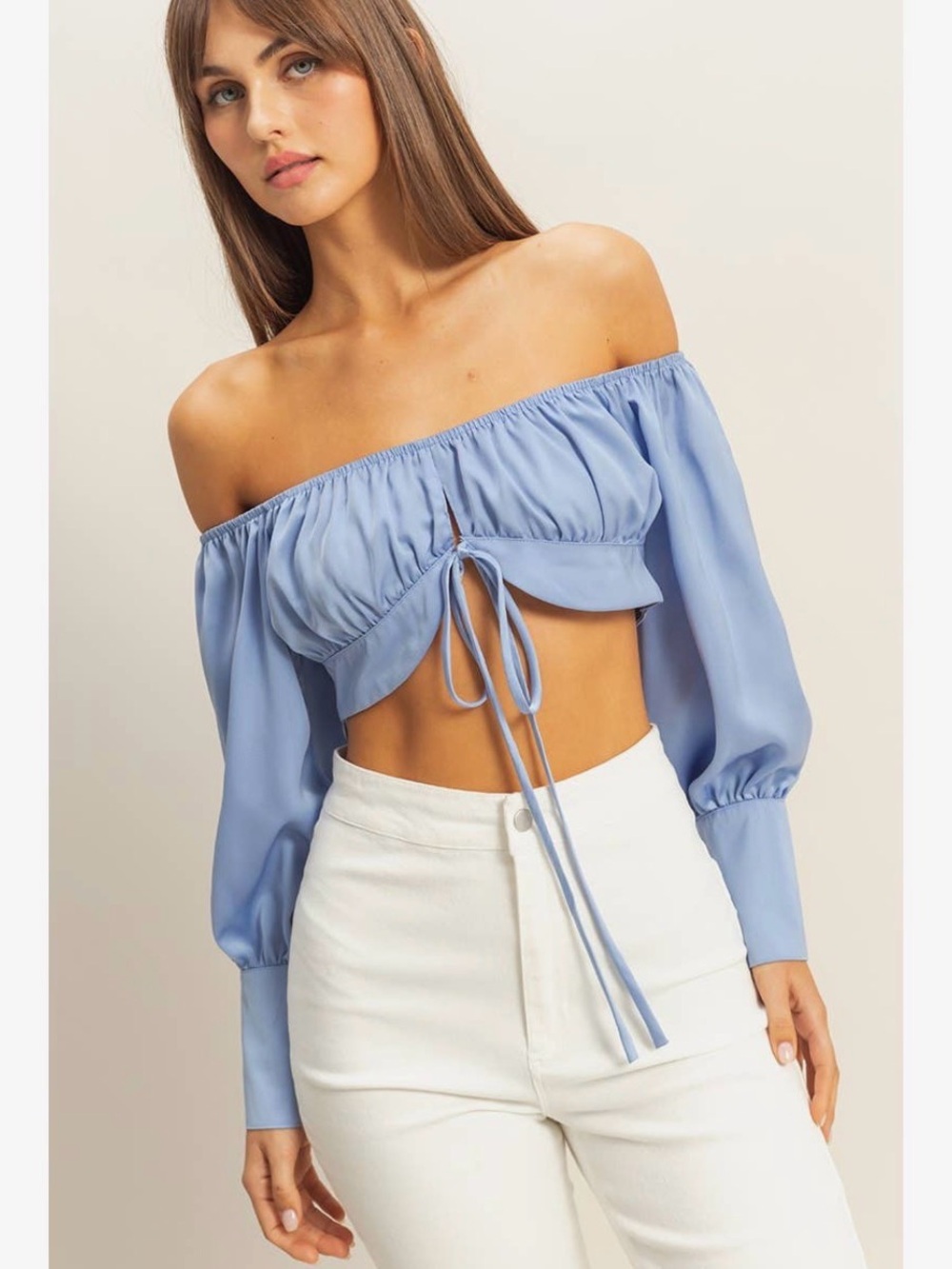 HYFVE Fiester Blue Satin Off Shoulder Tie Front Crop Top Romantic Boho Blouse